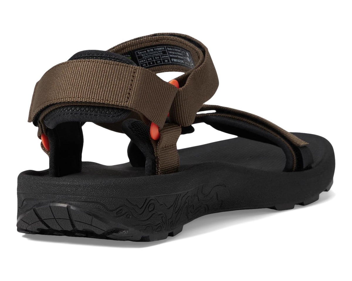 Men's hiking sandals with brown heel strap, black rubber sole, molded tread.