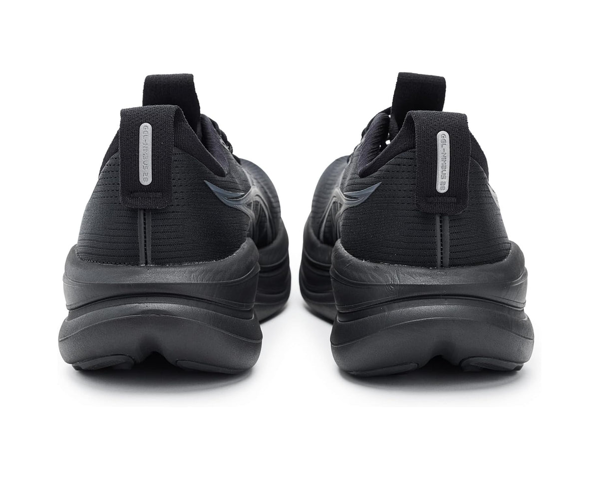 ASICS GEL-Nimbus 28 men's shoes, black with heel pull tabs, rear view, cushioned sole
