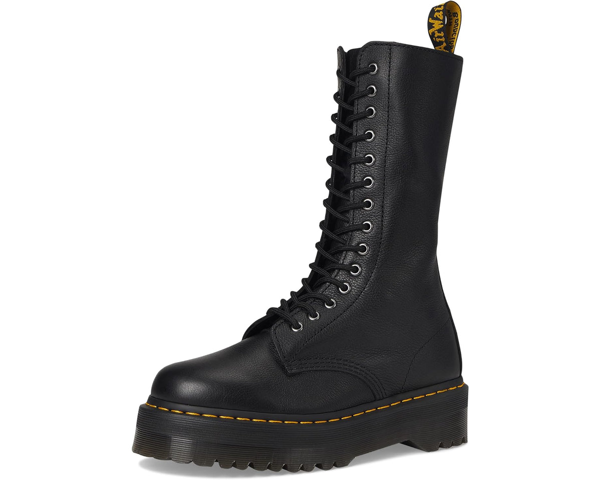 Black quad lace-up boots with rounded toe, thick sole, and yellow stitching