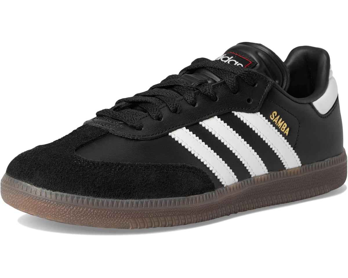 adidas Samba indoor soccer shoe front angle, black upper, white stripes, gum sole