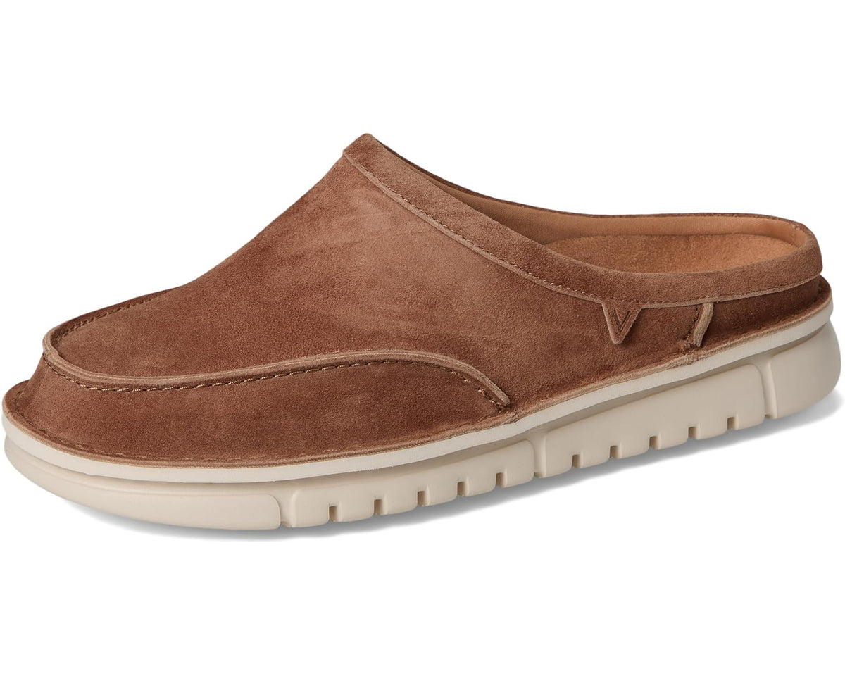 Hazelnut brown suede slip-on mules with V emblem and white outsole