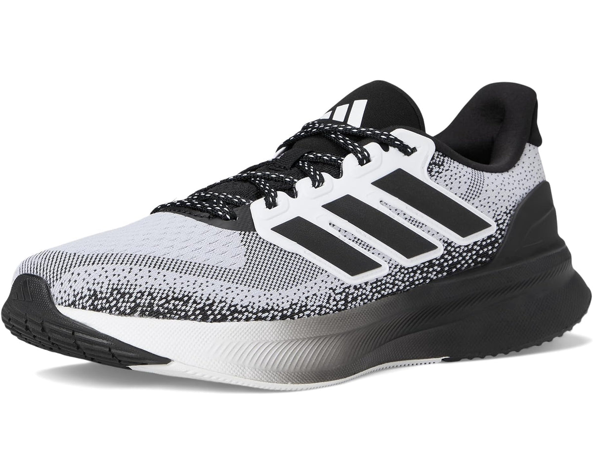 Men's adidas running shoe front view, white/black upper, lace-up, thick sole