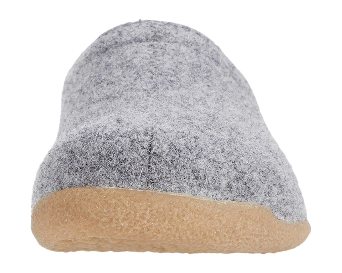Gray felt toe of slide sandal with tan rubber sole.