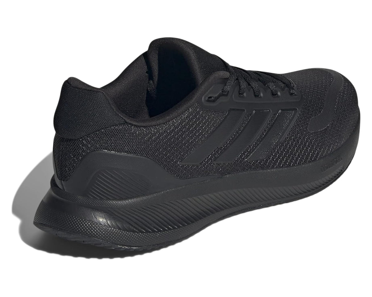 Black adidas running sneaker heel view with padded collar and grippy outsole