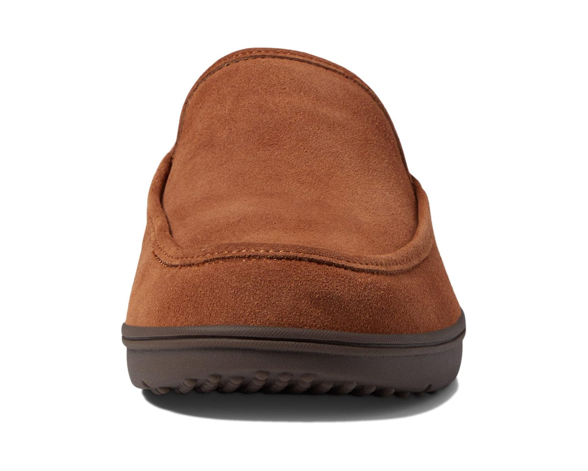Men's toffee brown suede slip-on loafer viewed from the back with cushioned sole