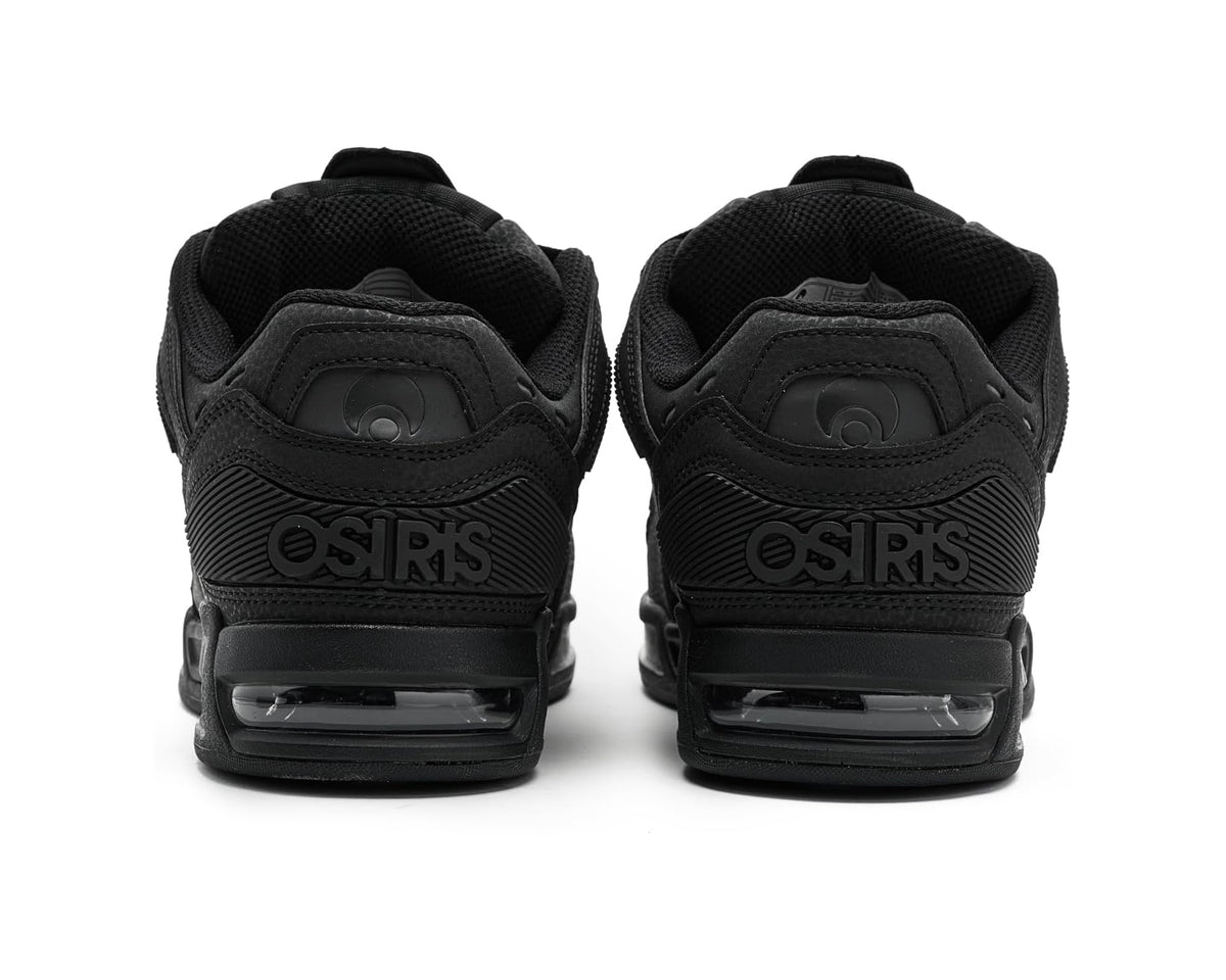 Men’s black sneakers back view with heel branding and visible air-cushion unit