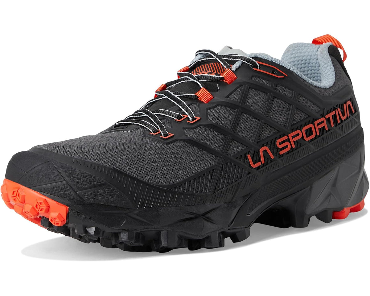 La Sportiva trail running shoe front/side view, black upper with orange-red logo and lugs