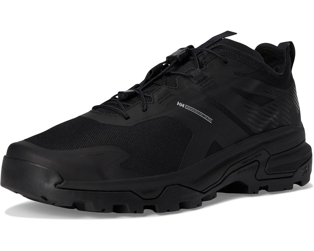 Black hiking shoes front side view with thick protective toe