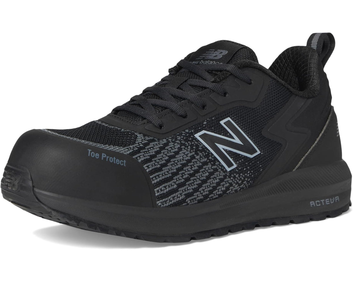 Men's black safety-toe lace-up work shoe with textured knit upper and New Balance N logo