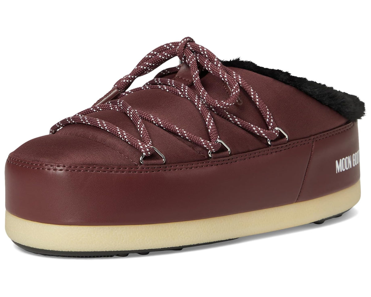 Burgundy unisex lace-up boot with patterned laces, black faux-fur collar, and beige sole