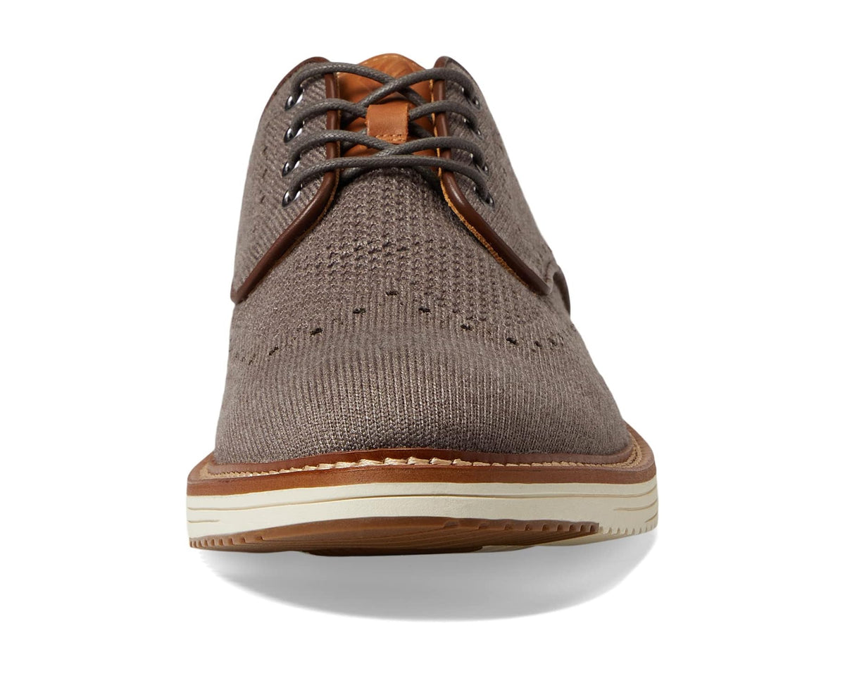 Men's gray knit wingtip lace-up shoes with tan-brown edge trim and low-profile sole