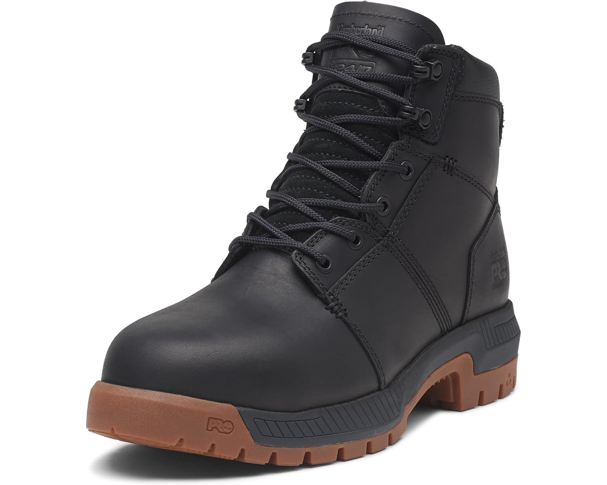 Timberland PRO men's black 6-inch safety toe work boot, three-quarter side view