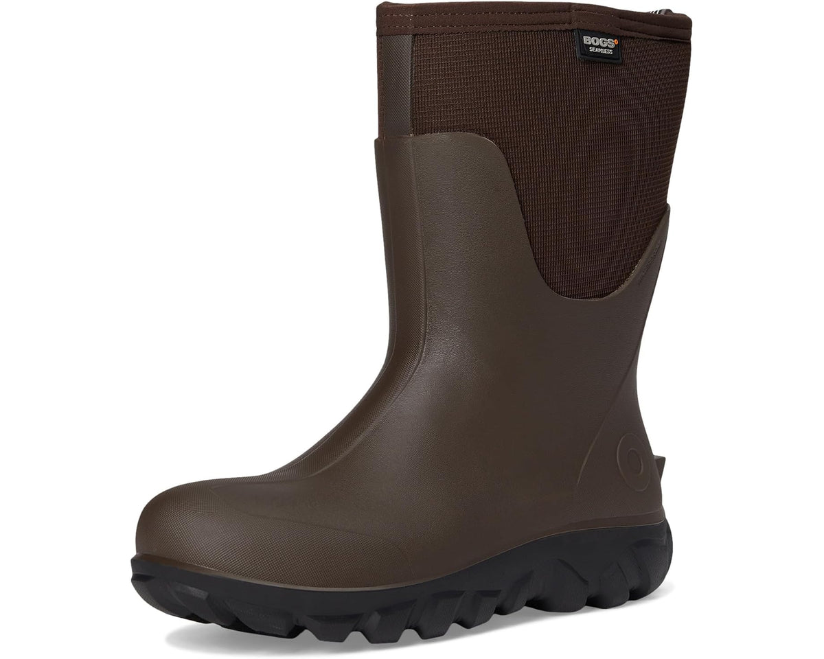 Brown mid-calf pull-on boot with Bogs logo patch and rugged tread sole