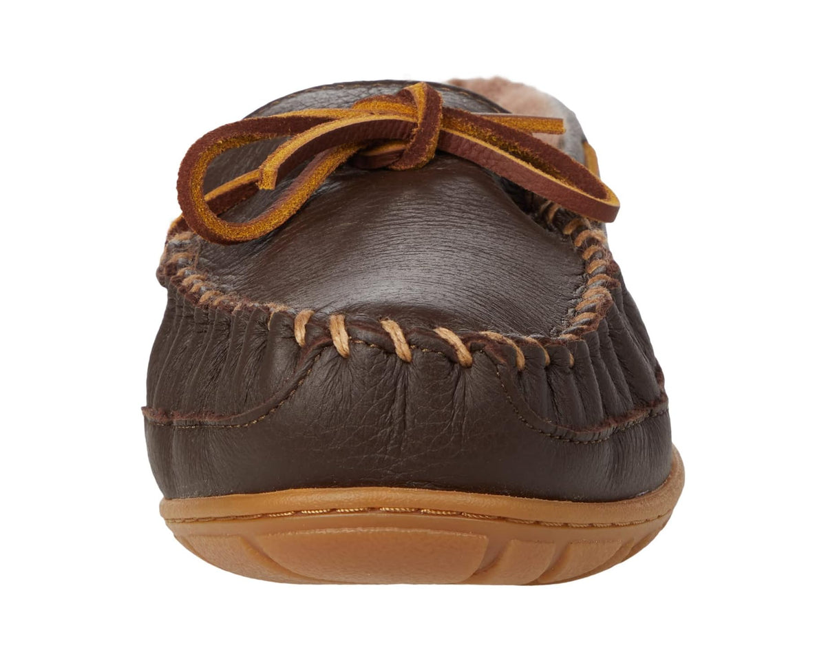 Back view of dark brown leather moccasin slipper with fur lining and lace-up closure