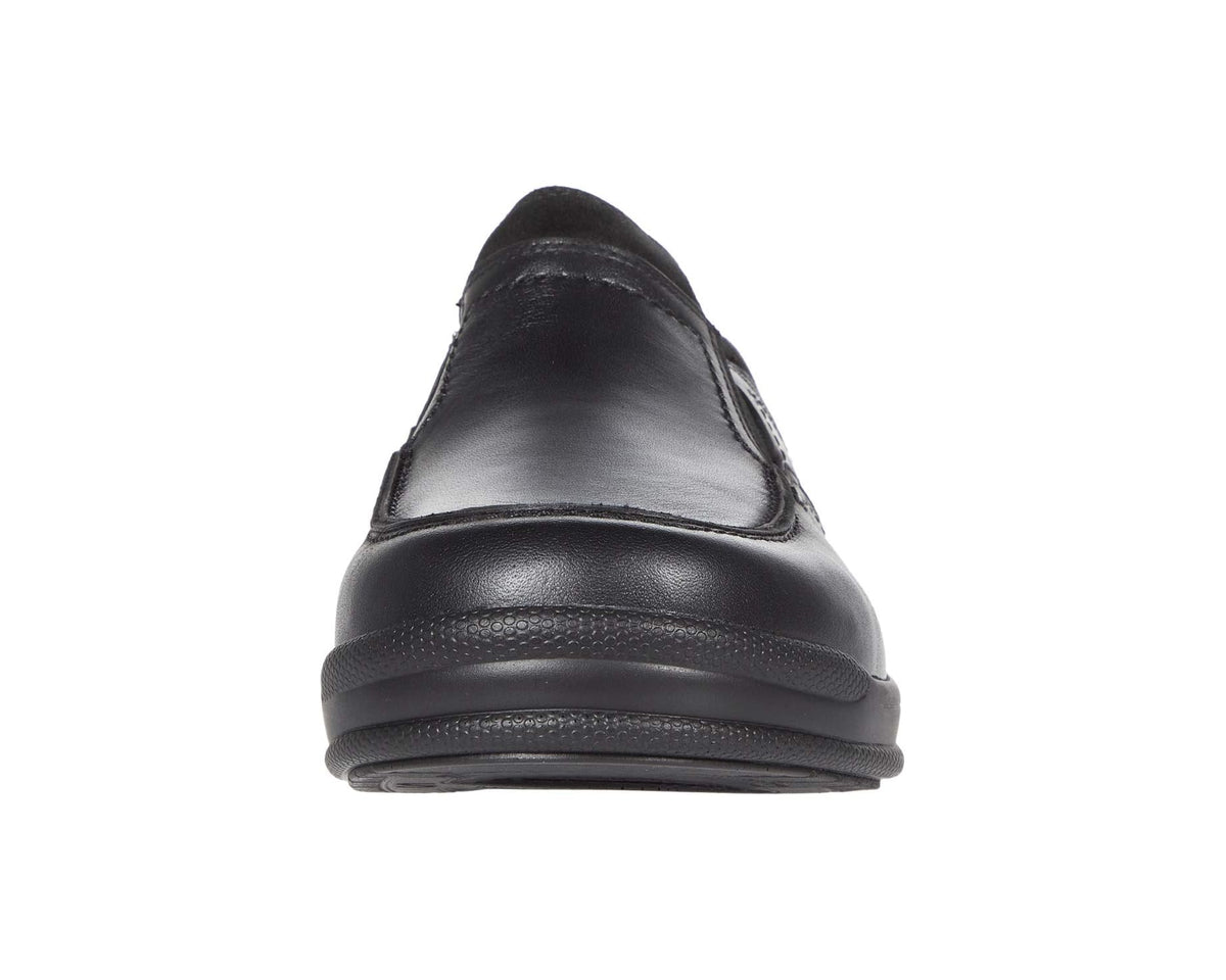 Men's SAS slip-on shoe, rear view with smooth black finish and rubber tread sole