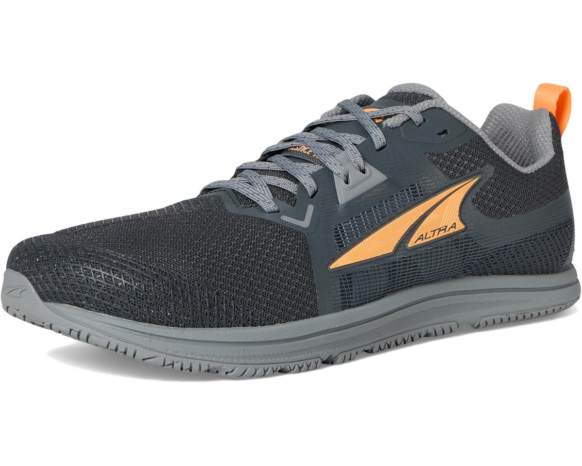 Men's ALTRA running shoe profile, dark gray knit with orange side stripe and textured sole.