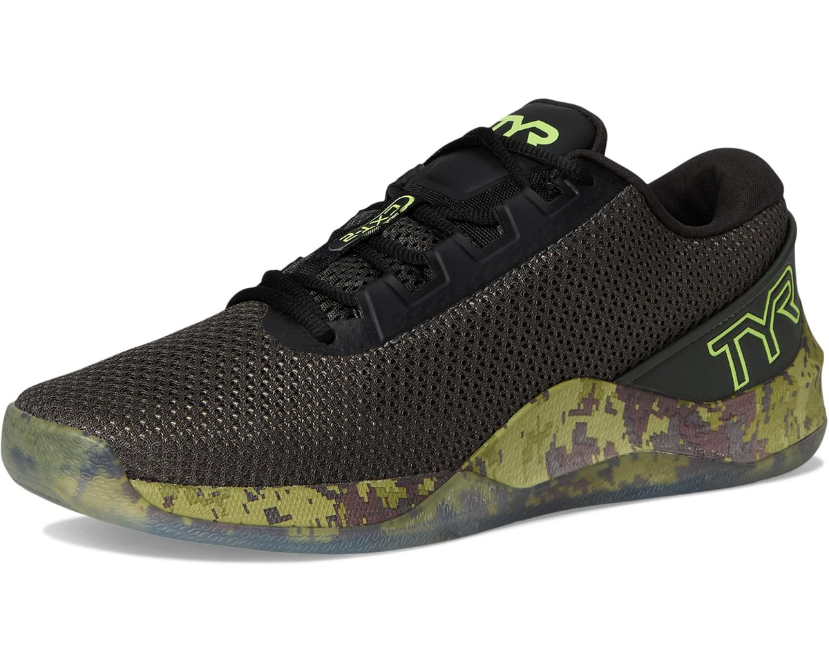 Men's athletic trainer sneakers, angled side view with black laces, green TYR branding