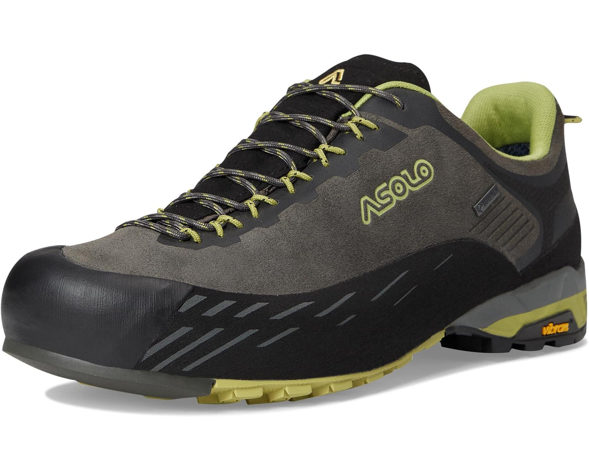 Men's trail shoe front view, dark gray suede-like upper, lime laces, Asolo logo