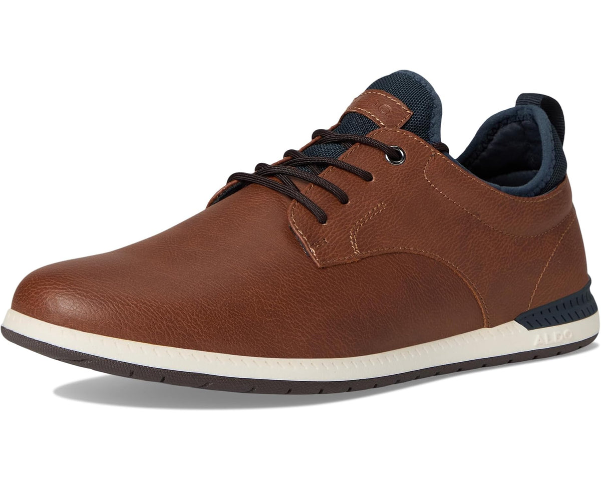 Cognac leather lace-up sneaker with navy accents and white rubber sole