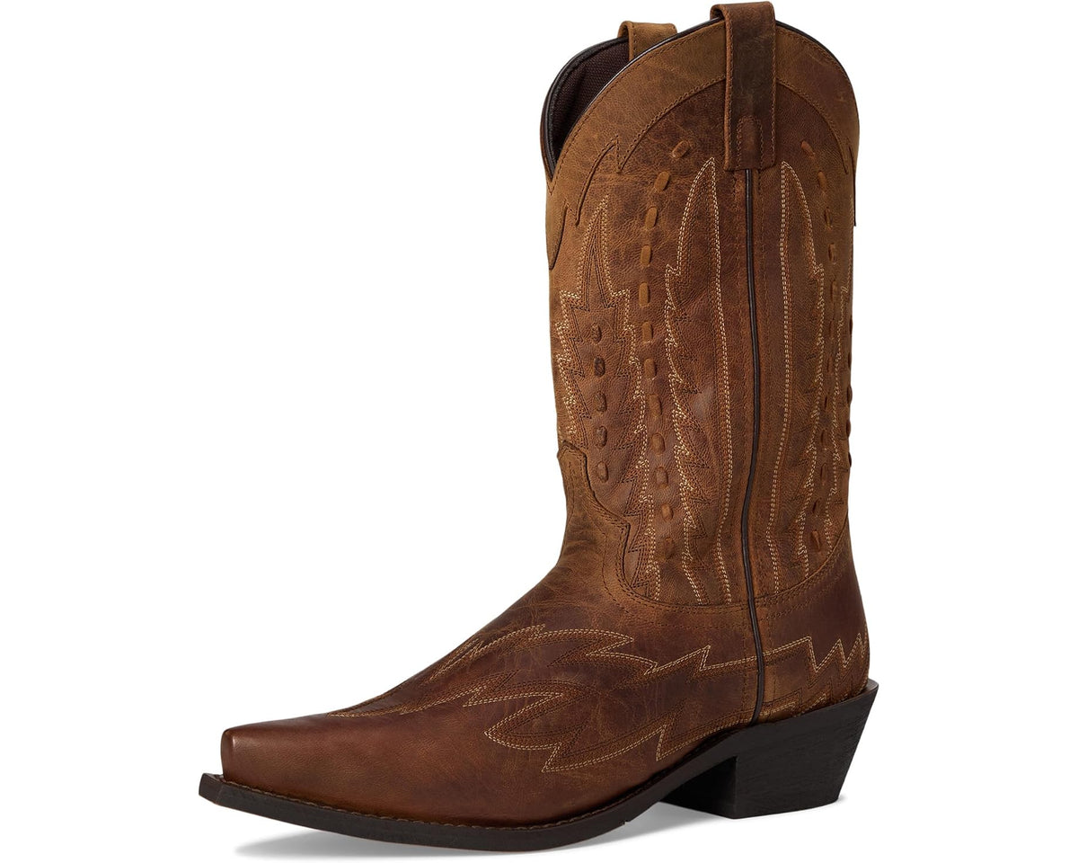 Tan western cowboy boot front three-quarter view with pointed toe and patterned shaft