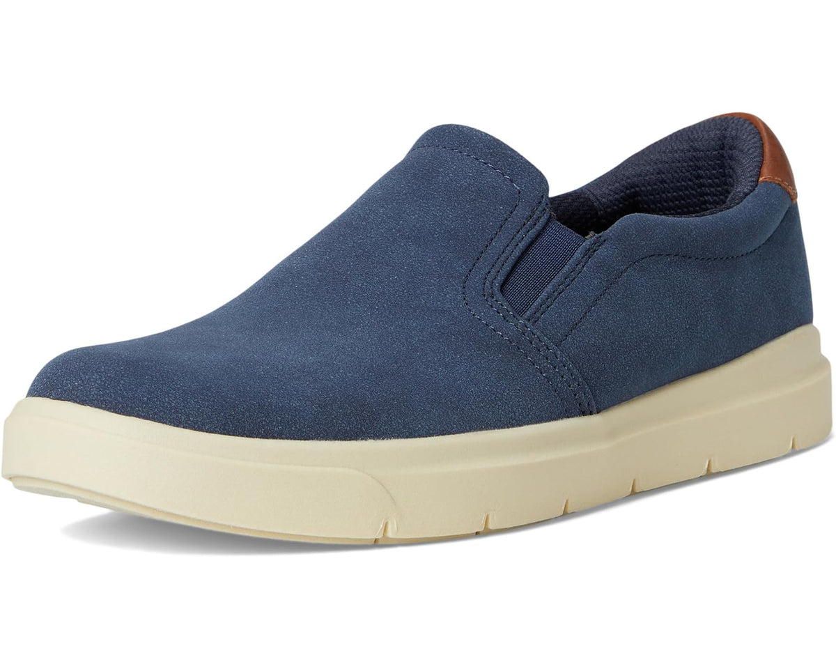 Navy slip-on sneaker with stitched upper, brown-lined collar, and cream sole