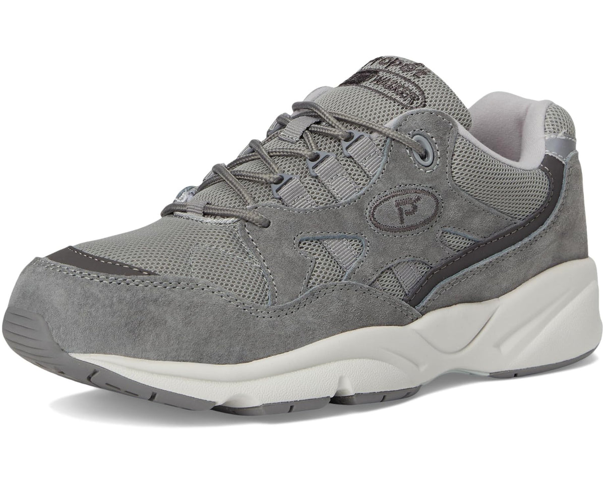 Grey lace-up athletic sneaker with side logo and white cushioned midsole
