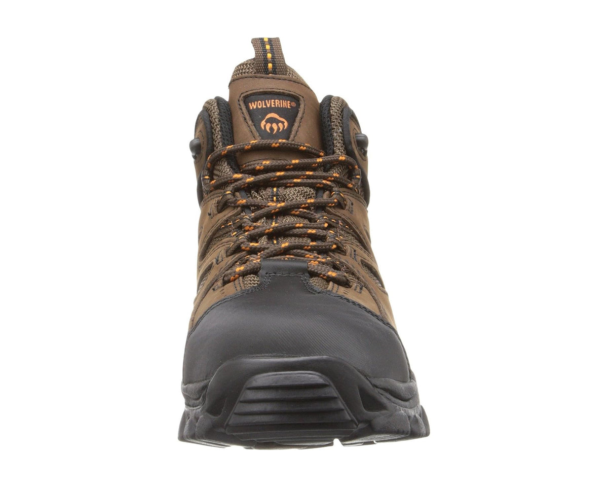 Men's brown and black hiker boots, front view, lace-up with orange accents