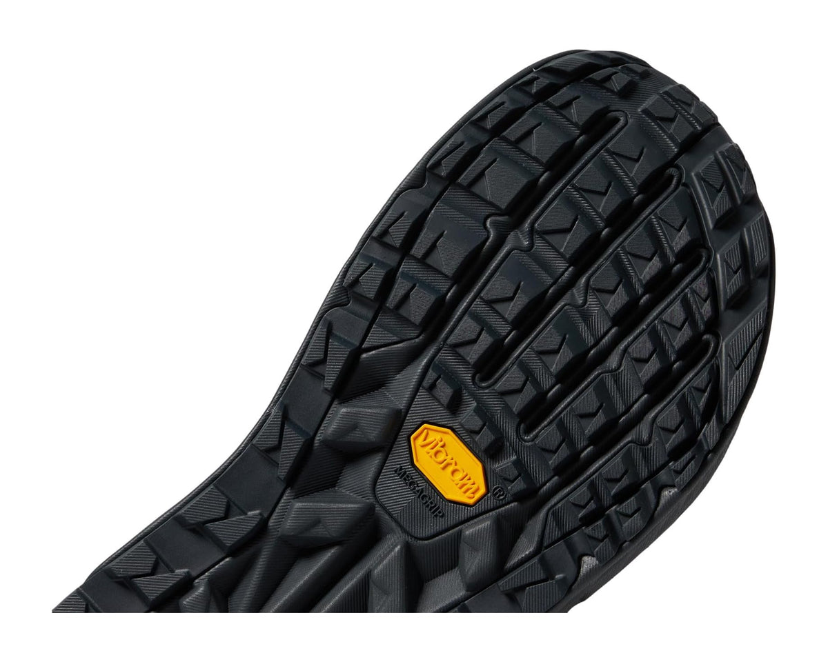 Men's black hiking boot outsole tread, rugged rubber pattern for traction
