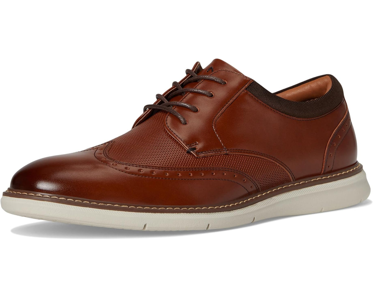 Men's cognac wingtip oxford lace-up shoe with layered panels and cushioned sole