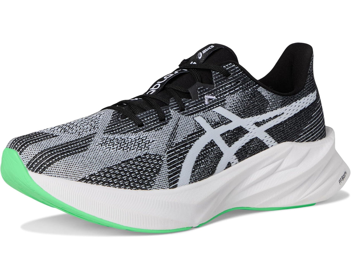 Men's ASICS Dynablast 5 front view, black and white upper with green outsole trim