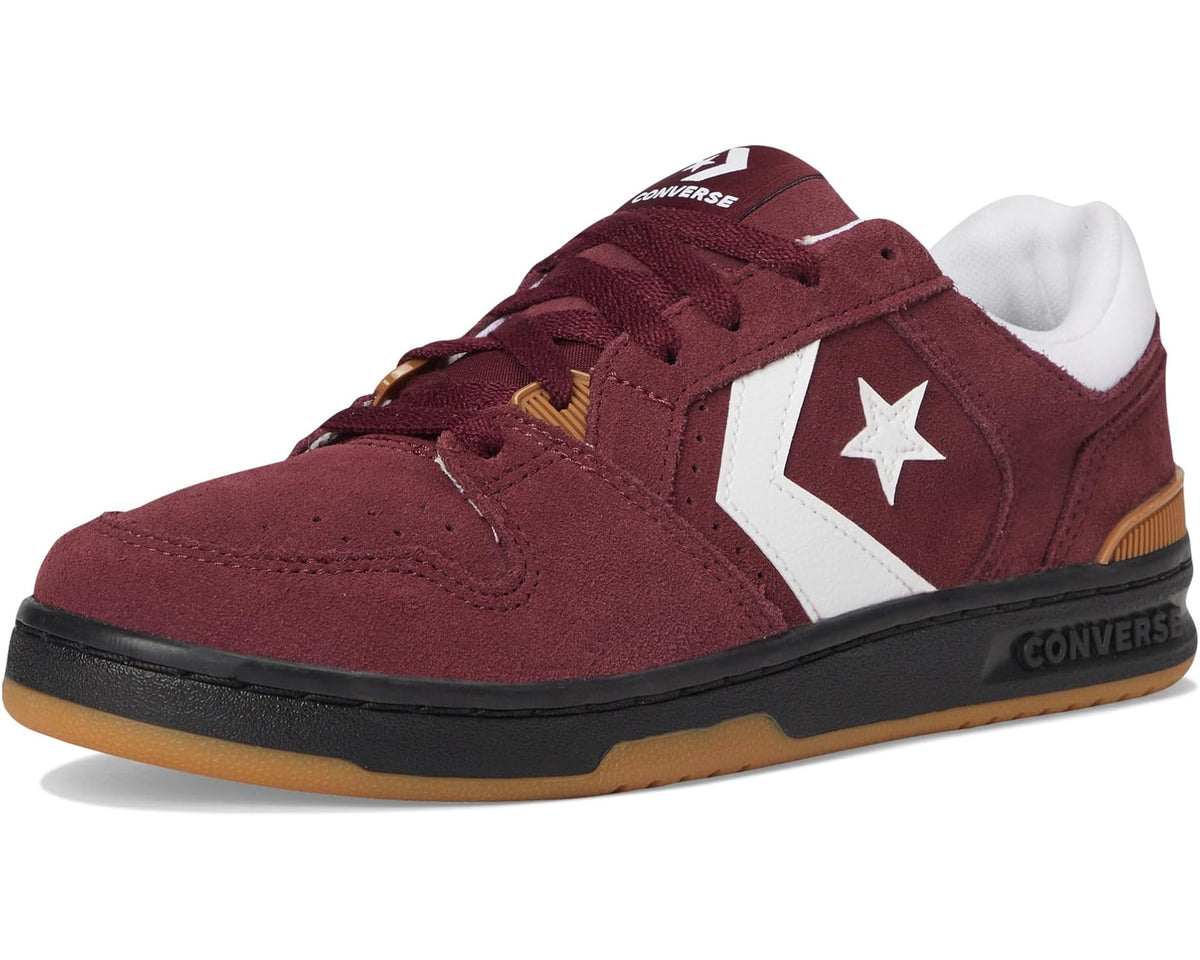 Burgundy suede lace-up low-top sneakers with white star and gum outsole