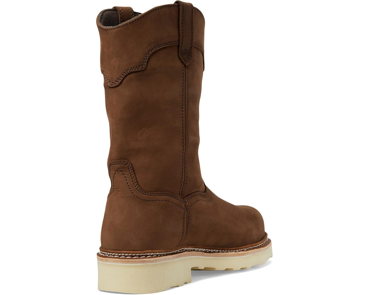 Men's dark brown suede Wellington boots with ankle pull tab and lug sole