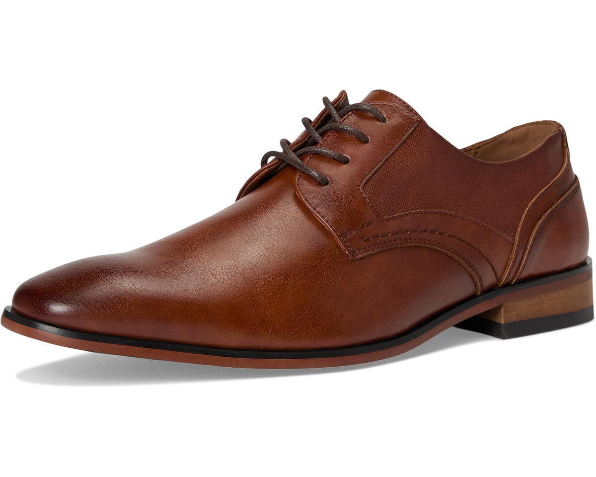Brown leather lace-up oxford shoe with rounded toe and dark lace hardware