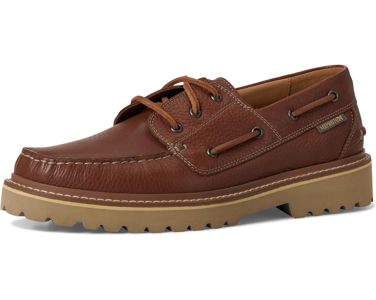 Men's brown lace-up boat shoes with tan interior lining and front eyelets