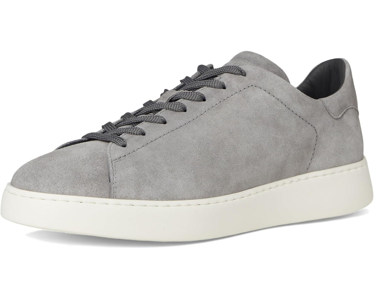 Gray suede low-top sneakers with lace-up front and off-white rubber sole, side angle