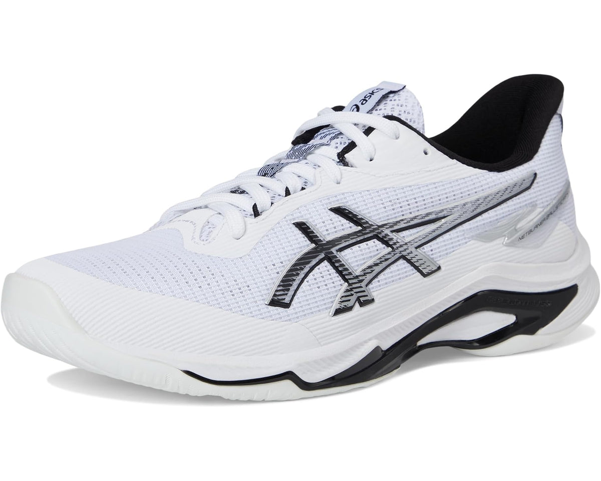 Men's ASICS lace-up athletic shoe, white and black colorway with padded collar.