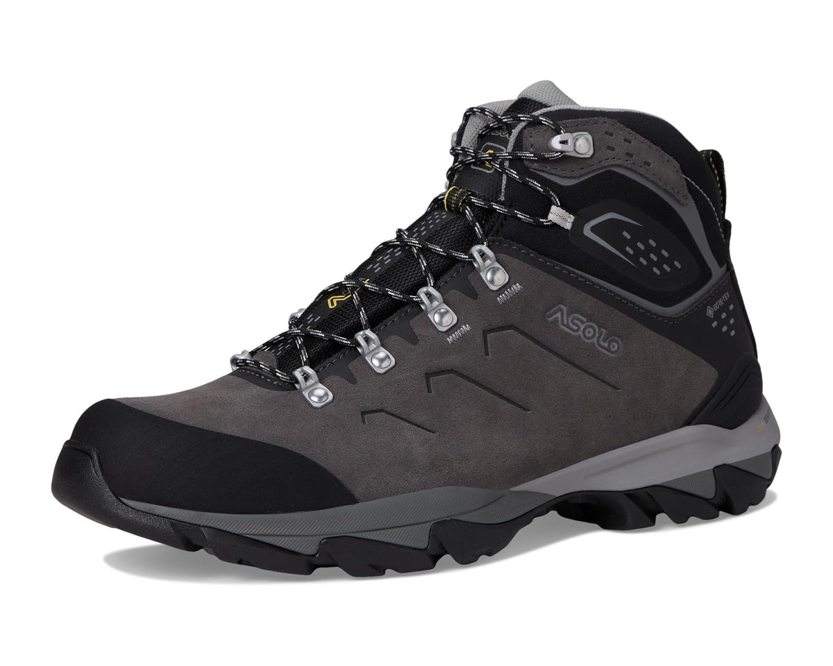 Men's Asolo mid-cut hiking boot, front 3/4 view in graphite and black