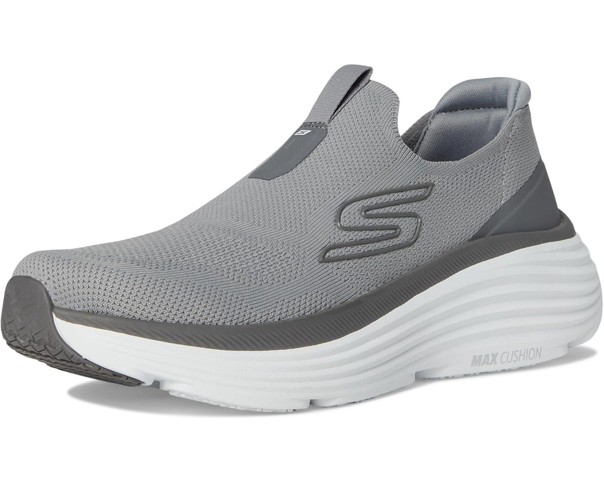 Men's gray SKECHERS slip-on sneaker with side S logo and striped white midsole