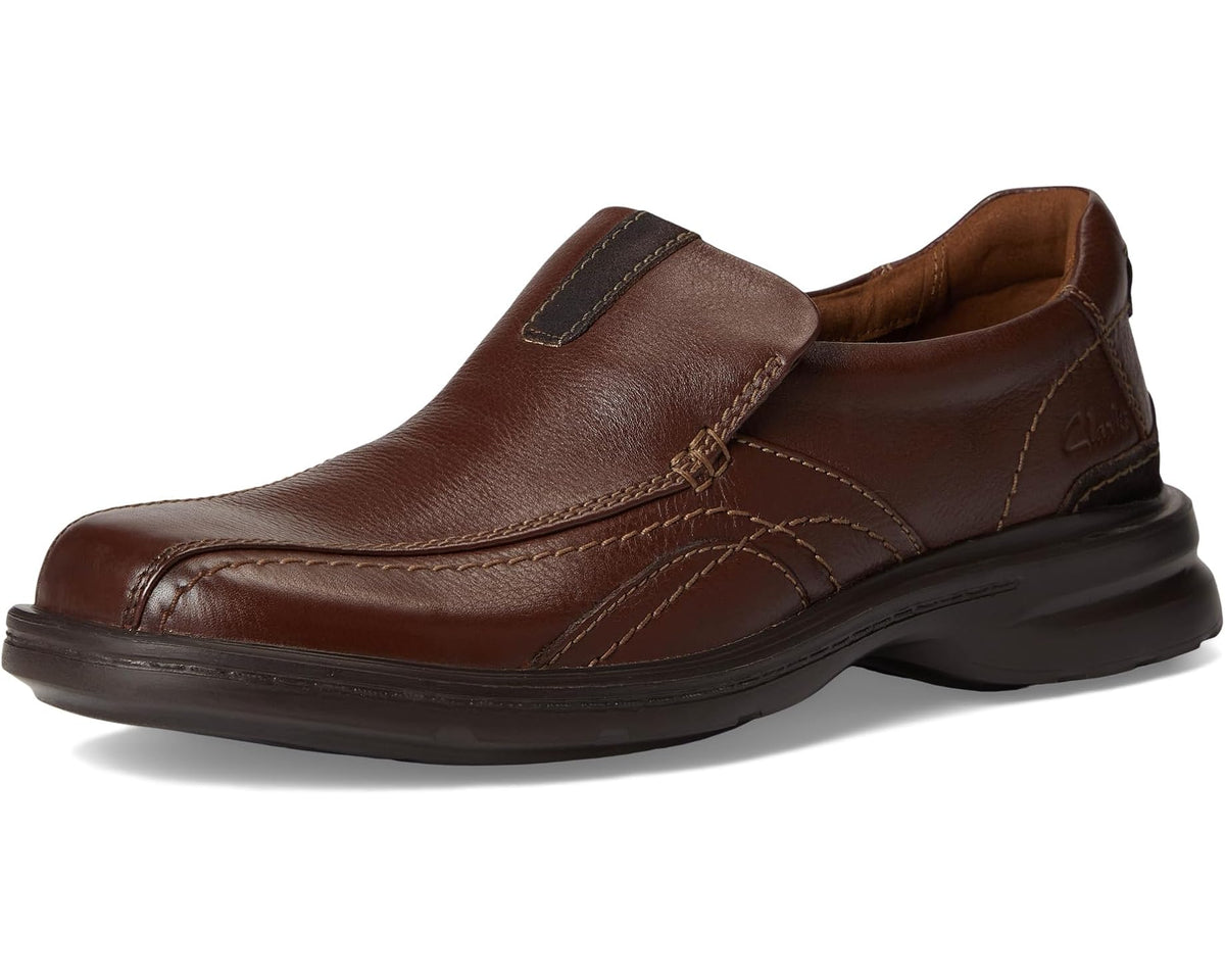 Men's mahogany leather slip-on loafer with strap detail and stitched apron