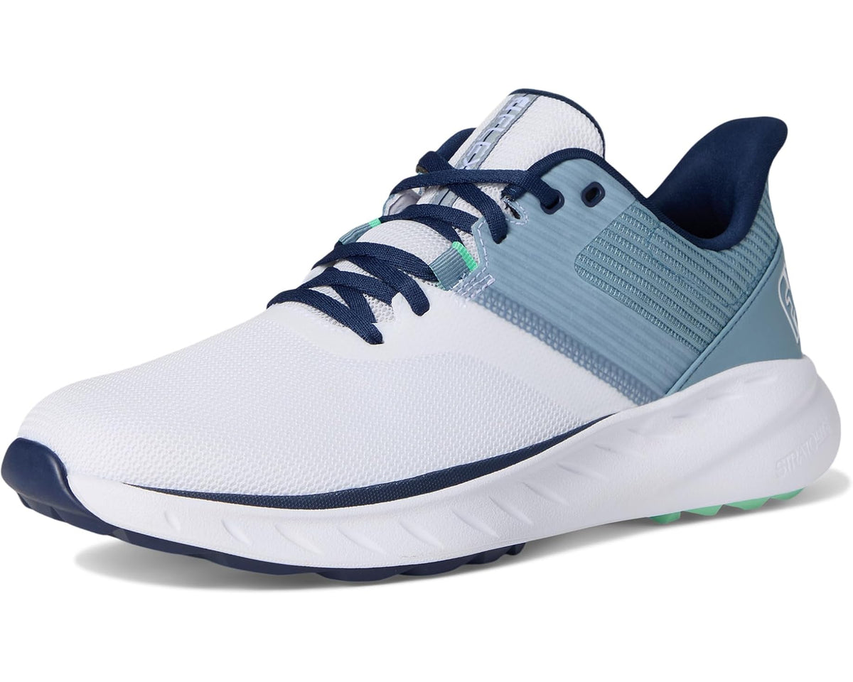 Men's white and blue lace-up golf shoe with navy heel and green outsole accents