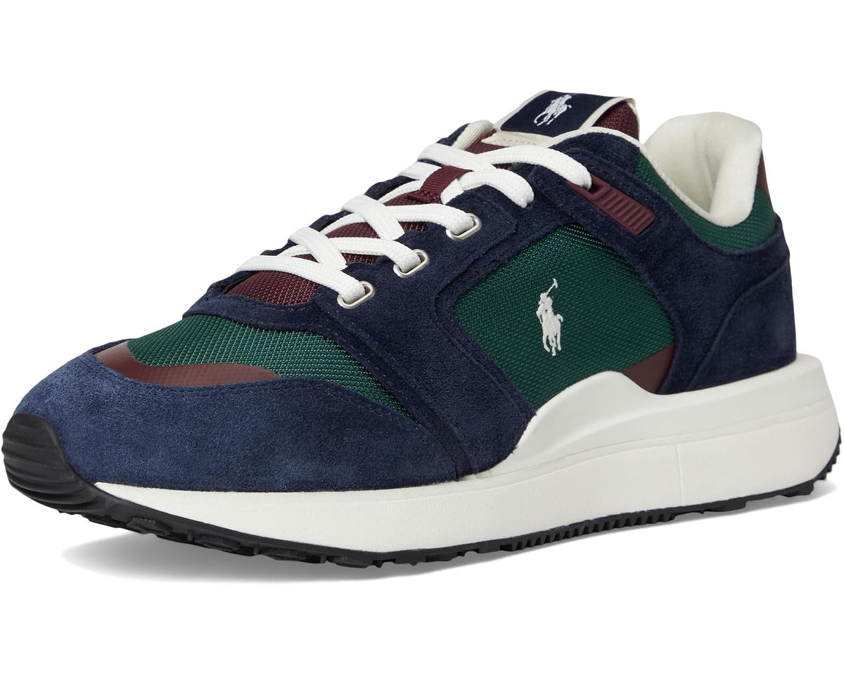 Men's color-block suede sneakers with navy, green, maroon, and white outsole.