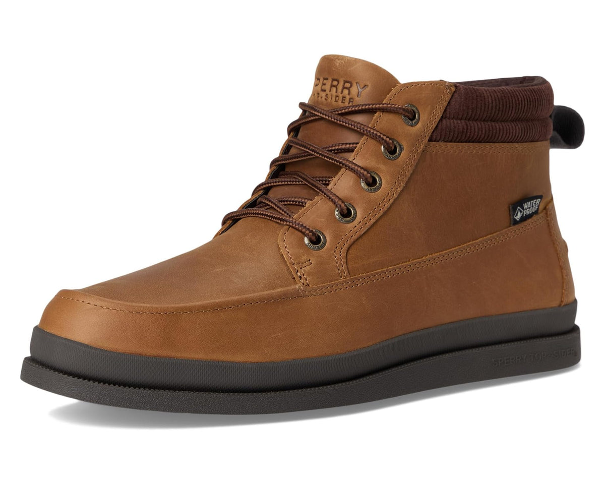 Tan mid-top lace-up moc boot with padded collar and dark rubber sole