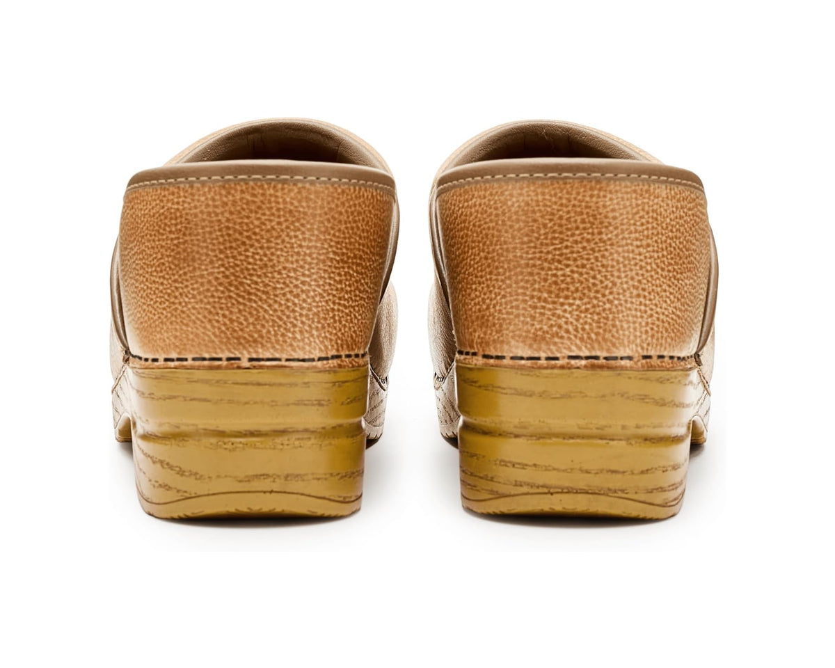 Back view of honey slip-on clogs with textured heel and pull-on back collar