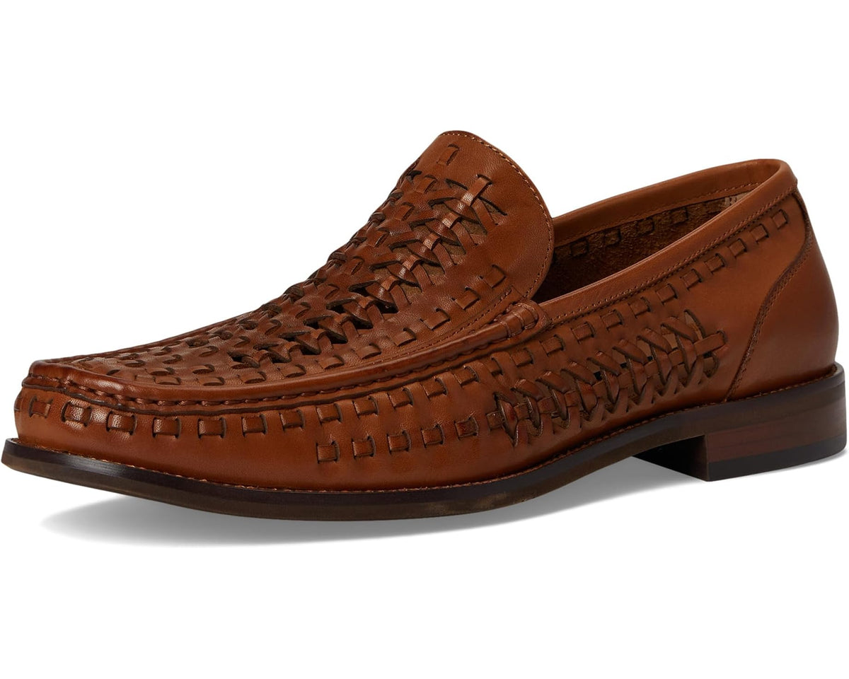 Men's cognac brown slip-on loafer with woven upper and moc-toe stitching