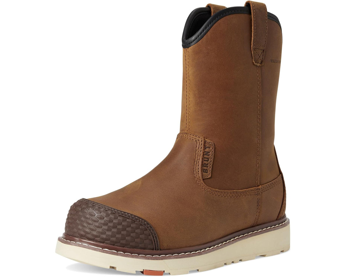 Men's brown composite-toe pull-on boots with dark interior lining and durable tread outsole