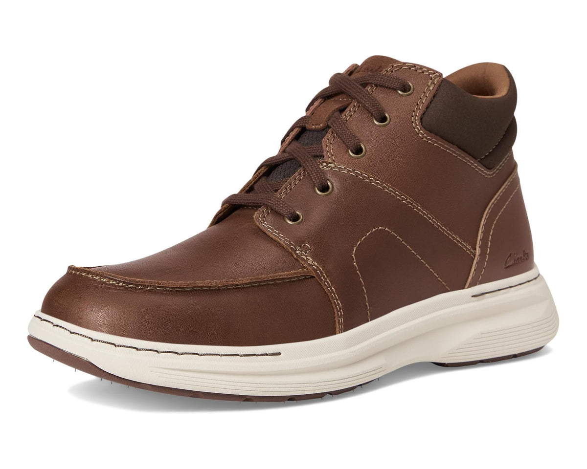 Men’s brown leather lace-up mid-top boots with padded collar and white rubber sole