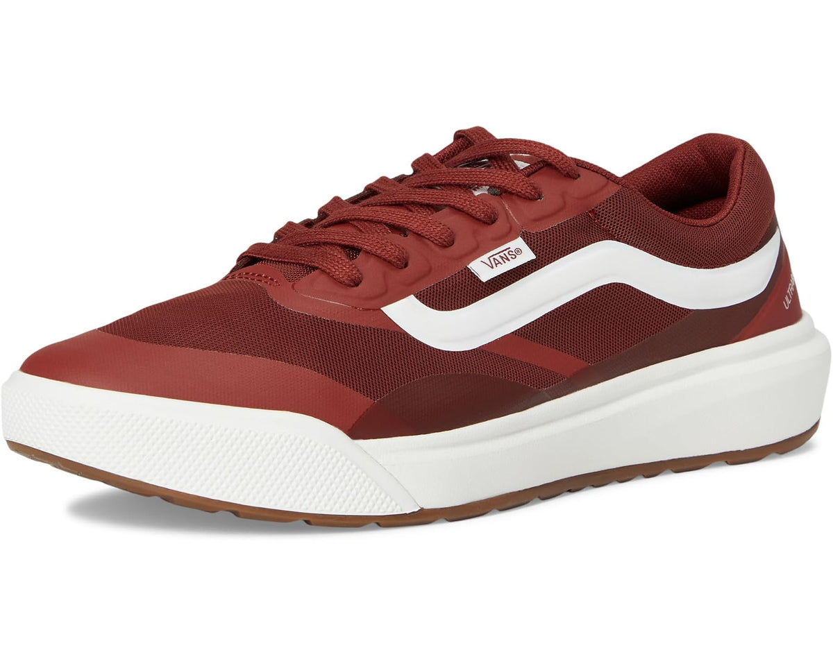 Bordeaux lace-up sneaker with white stripe, low profile, and gum outsole