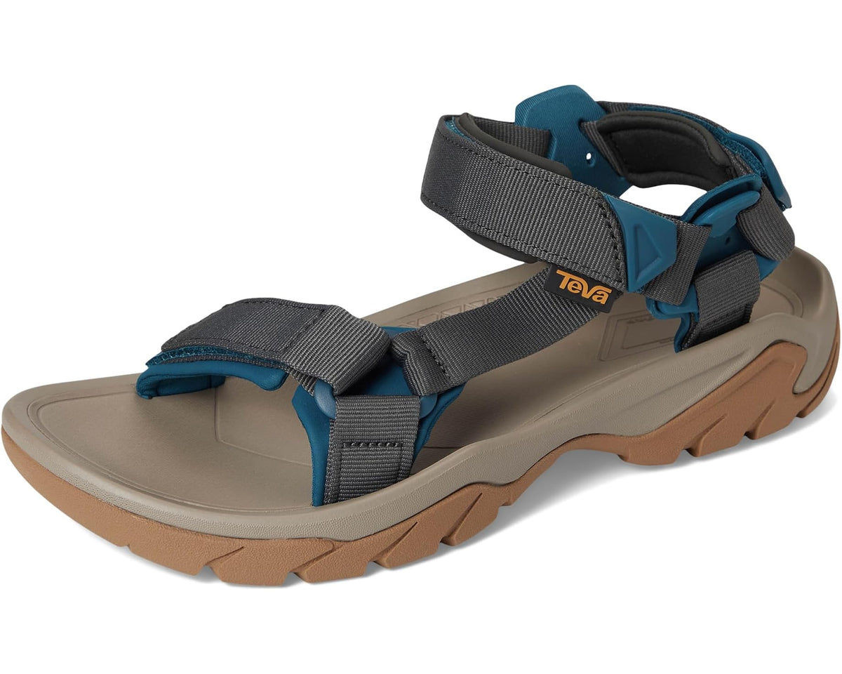 Men's Teva sport sandals in tan, dark gray, and blue with adjustable toe strap