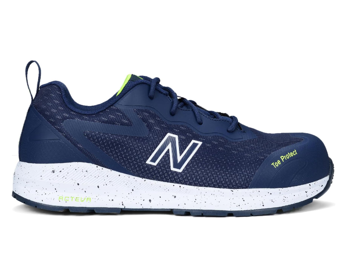 New Balance navy work sneaker with Toe Protect detail, lime accents, speckled midsole