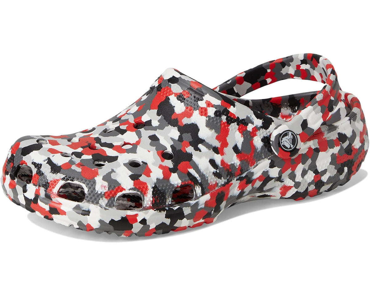 Unisex Crocs Classic graphic clogs, red black and white camo, side profile